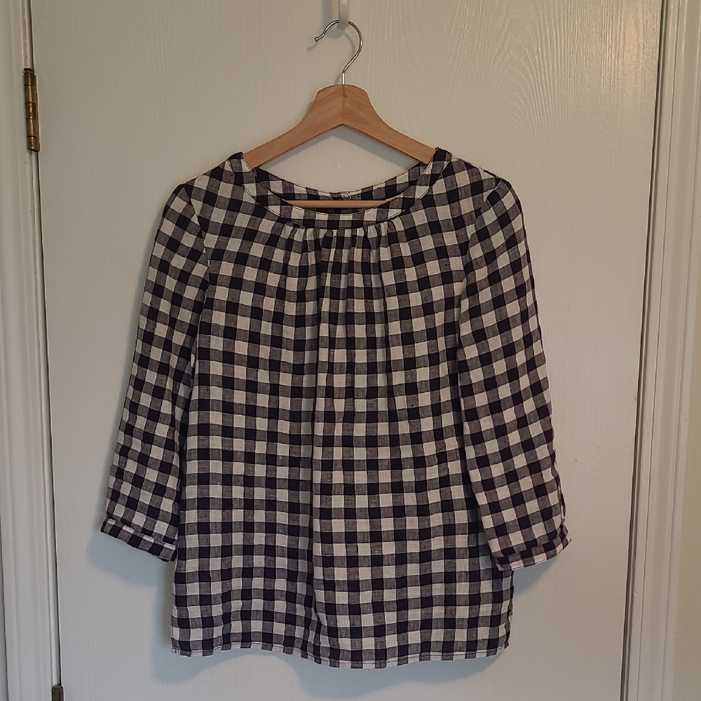 Boden Navy and White Checkered Linen Women's Top